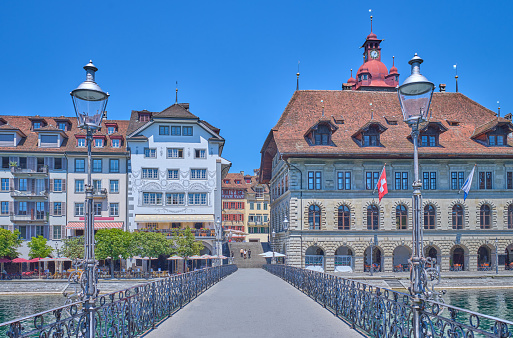 Alsace. Old ancient French city Strasbourg. Summer trip to France. European country. French architecture. Voyage. Warm sunny day. Travel destination. Street. Facade of houses. Il river