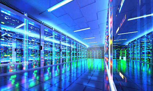 Modern server room, corridor in data centre with Supercomputer racks, neon lights and conditioners. 3D rendering illustration