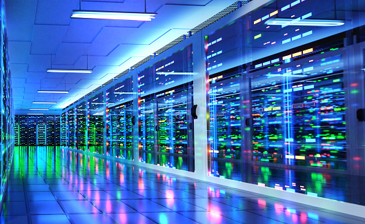 Modern server room, corridor in data centre with Supercomputer racks, neon lights and conditioners. 3D rendering illustration