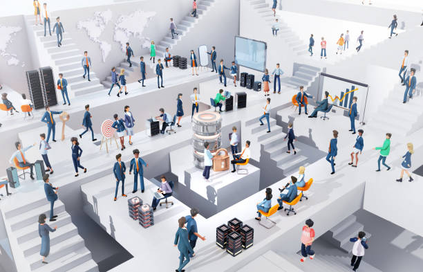 istock Office workers working together around big quantum computer, people are running up and down stairs in an abstract business environment, talking, collaborating on a project. 3D rendering 1862779780