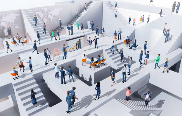 istock Businessman having a presentation,  people collaborating on a project, sharing ideas. Office worker are running up and down stairs in an abstract business environment. 3D rendering 1862780239