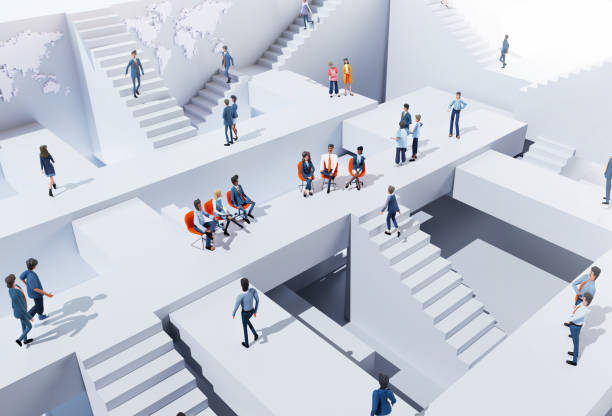 istock Business people having a meeting, sharing ideas, discussing problems in an abstract environment with lots of stairs, representing growth and opportunities. 3D rendering 1862780765