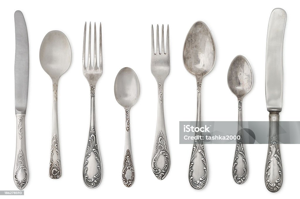 vintage old cutlery vintage old cutlery isolated on white background Silverware Stock Photo