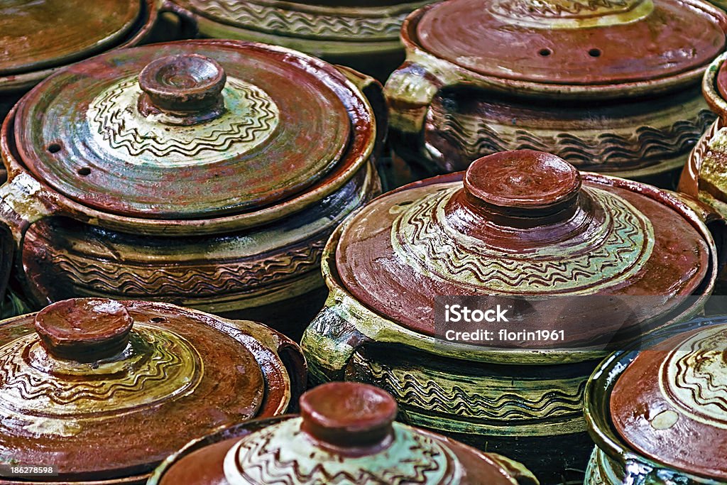 Large ceramic pots, traditional Romanian Large ceramic pots, traditional for Sibiu area. Romania Application Form Stock Photo