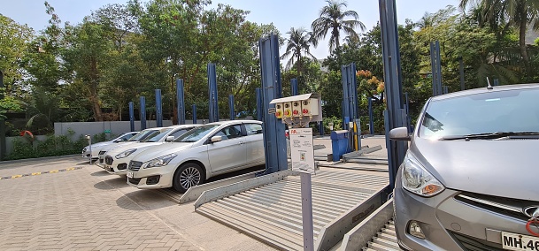 Mumbai, India, March 22 2022: Modern two level car parking structure at Mumbai IBIS hotel, urban architecture, efficient space utilization