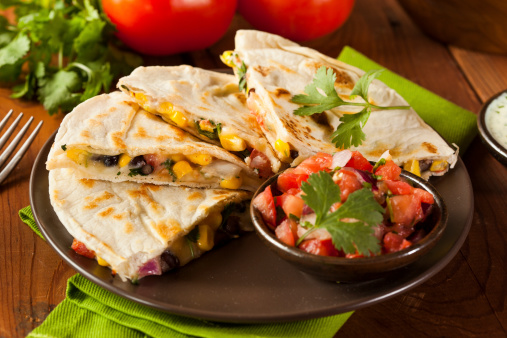 Homemade Cheese and Bean Quesadilla with Corn and Salsa