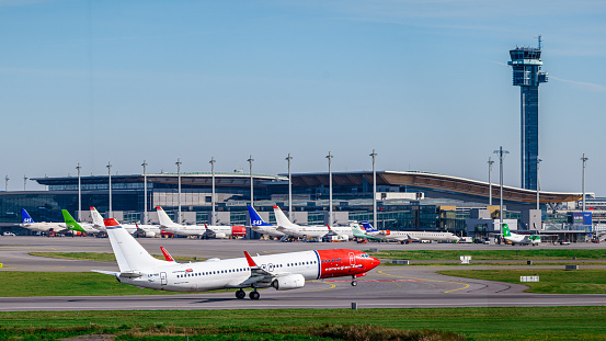 Norwegian Boeing 737-800 take off from Oslo Airport Gardermoen