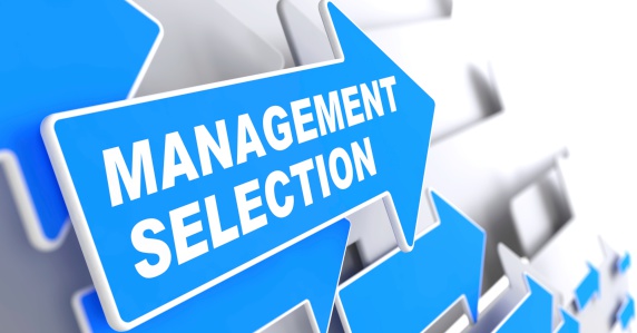 Management Selection - Business Background. Blue Arrow with \