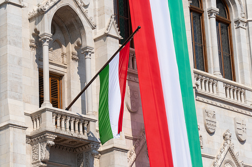 balcony, neo-Gothic, building, Hungarian, legislature, Parliament, decorated, flags, national colors, national holiday