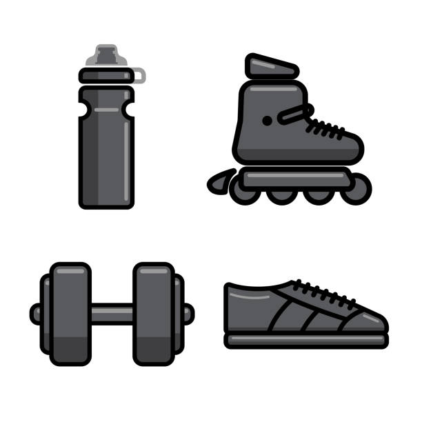 ilustraciones, imágenes clip art, dibujos animados e iconos de stock de iconos de salud y fitness, iconos de conjuntos vectoriales. efesios 10. equipamiento deportivo para fútbol, baloncesto, balonmano. deportes modernos - shoe bow baseball sport