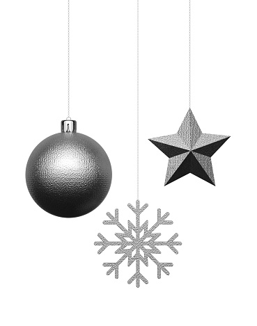 Hanging silver christmas, ornaments on isolated white background
Silver glitter christmas, ball, Snowflake and star