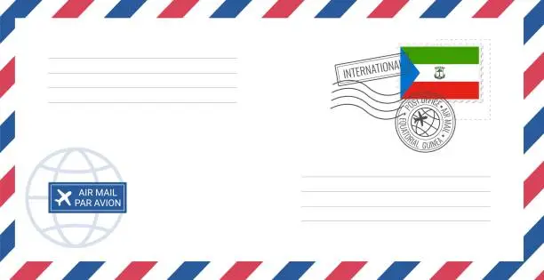 Vector illustration of Blank air mail envelope with Equatorial Guinea postage stamp. Postcard vector illustration with Equatorial Guinea national flag isolated on white background.