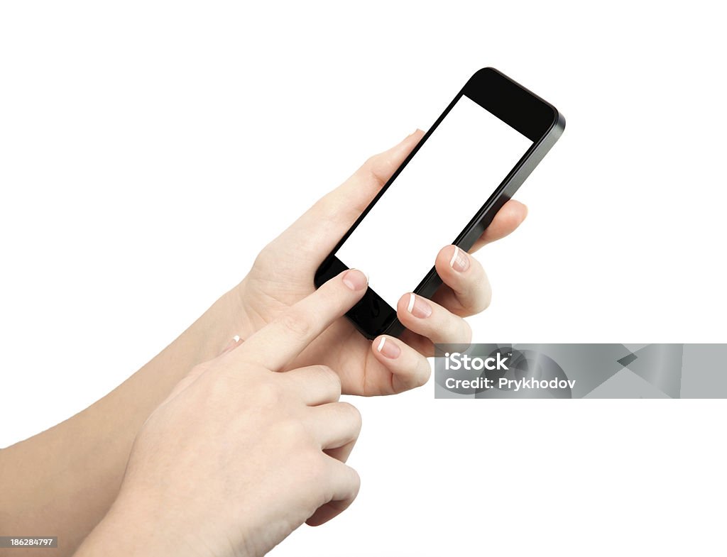 Frau hand halten das Telefon mit isolierten Bildschirm - Lizenzfrei Ausrüstung und Geräte Stock-Foto