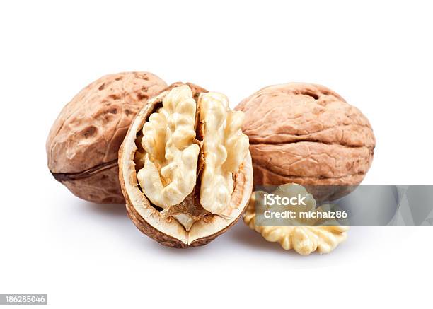 Wallnuts Isolated On White Background Stock Photo - Download Image Now - Animal Shell, Brown, Close-up