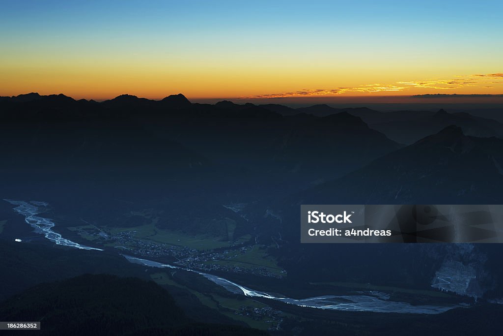 sunset scene in austrian alps sunset scene in austrian alps with view on river in valley Austria Stock Photo