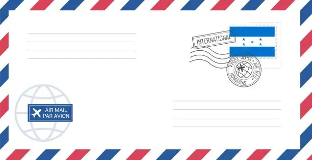 Vector illustration of Blank air mail envelope with Honduras postage stamp. Postcard vector illustration with Honduran national flag isolated on white background.