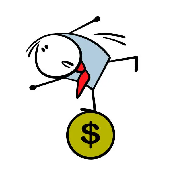 Vector illustration of Cartoon sad businessman stands on one leg and balances on a coin with a dollar. Vector illustration of man in business suit drawing, trading currency. Isolated funny character on white background.