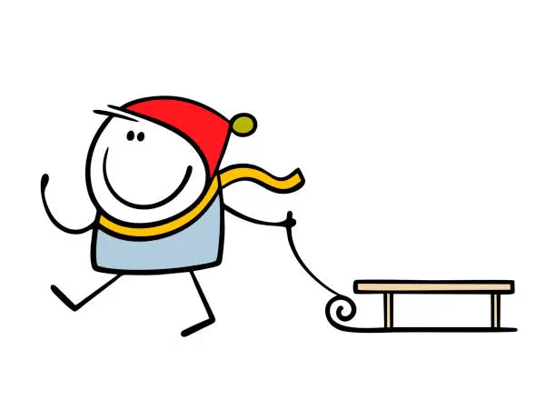 Vector illustration of Happy child in red warm hat and scarf driving sledge through snow by string. Vector illustration of winter entertainment during the holidays. Isolated stickman kid on white background.