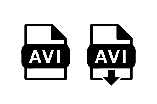 avi file format black icon, download avi file sign with arrow, set of two vector elements