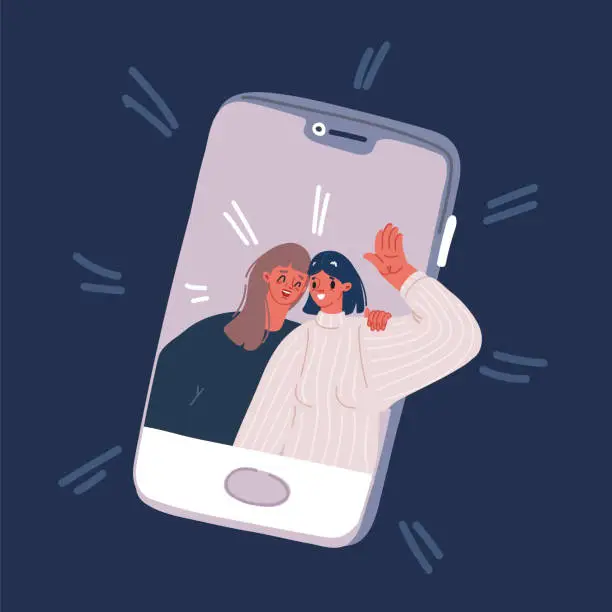 Vector illustration of Cartoon vector illustration of hands holding mobile phone with happy boys and girls displaying on screen. Friends posing for selfie, group of joyful people photographing themselves over