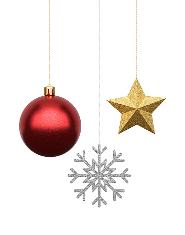 Hanging gold, silver and red glitter christmas, ornaments on isolated white background\nChristmas, ball, Snowflake and star