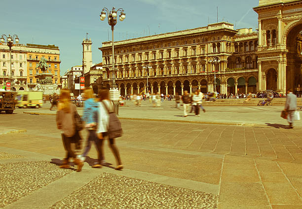 Vintage look The Piazza Duomo square in Milan, Italy