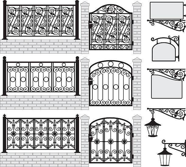 세트마다 철 단련 담장, 게이트, signboards, lanterns.vector - wrought iron stock illustrations