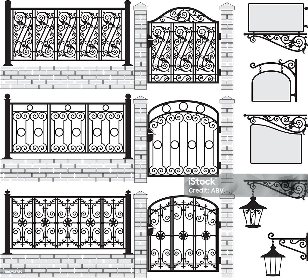 Set of iron wrought fences, gates, signboards, lanterns.Vector Set of iron wrought fences, gates, signboards and lanterns with decorative ornaments. Vector illustration. Wrought Iron stock vector