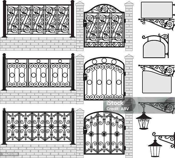 Set Of Iron Wrought Fences Gates Signboards Lanternsvector Stock Illustration - Download Image Now