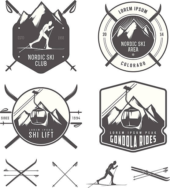 illustrazioni stock, clip art, cartoni animati e icone di tendenza di set di elementi di design dello sci nordico - sciatore velocità