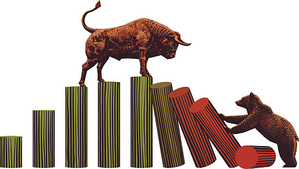 ilustraciones, imágenes clip art, dibujos animados e iconos de stock de bull and bear concentrada de las tendencias de mercado - taurus