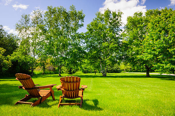 relax estivo - adirondack chair foto e immagini stock