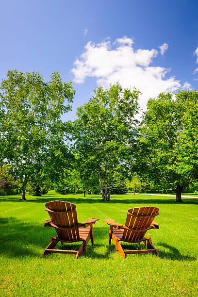 istock Wooden chairs on a green lawn overlooking some trees 186295570