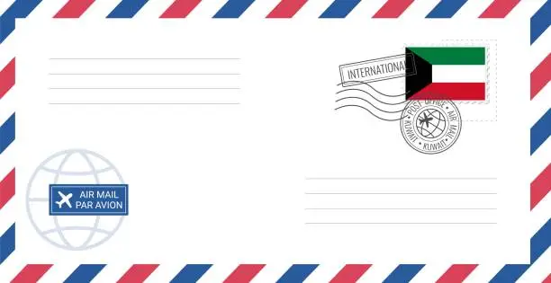 Vector illustration of Blank air mail envelope with Kuwait postage stamp. Postcard vector illustration with Kuwaiti national flag isolated on white background.