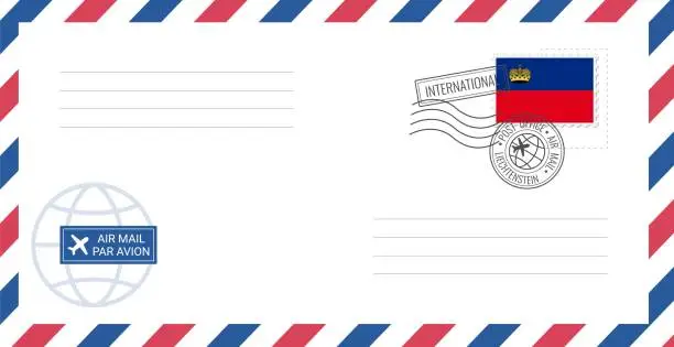 Vector illustration of Blank air mail envelope with Liechtenstein postage stamp. Postcard vector illustration with Liechtenstein national flag isolated on white background.