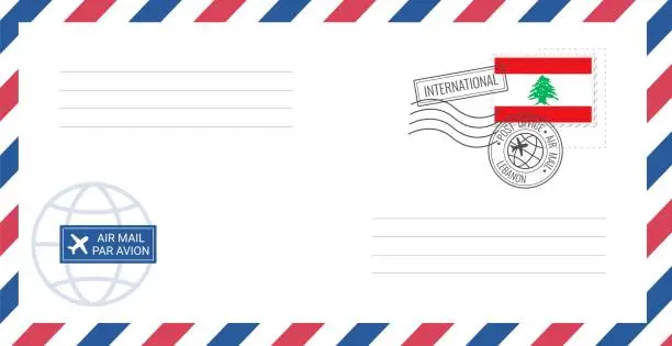Vector illustration of Blank air mail envelope with Lebanon postage stamp. Postcard vector illustration with Lebanese national flag isolated on white background.