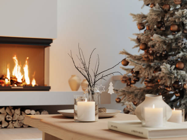 istock 3D illustration. Holiday Table Setting with Christmas Tree and Fireplace 1862981930