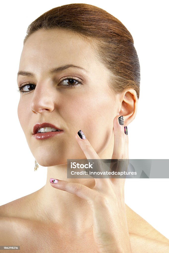 Caucasian Female Model Showing A Variety of Finger Nail Art female model showing nail art Acrylic Painting Stock Photo