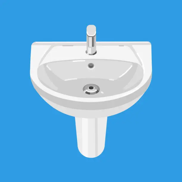 Vector illustration of Bathroom sink with tap. White home sink for toilet, kitchen or bathroom furniture. Vector illustration isolated on white