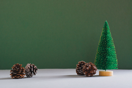 Christmas decorative spruce and pine cones on a green background