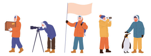 Polar explorers scientists carrying wooden box, caring arctic animals, looking through binocular Polar explorers cartoon characters set. Group of scientists carrying wooden box, caring arctic animals, looking through binocular and telescope, putting flag on summit top vector illustration houses in antarctica stock illustrations