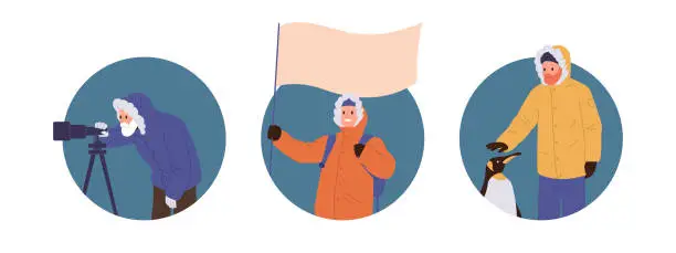 Vector illustration of Isolated composition avatar with happy polar explorer cartoon characters engaged in scientific work