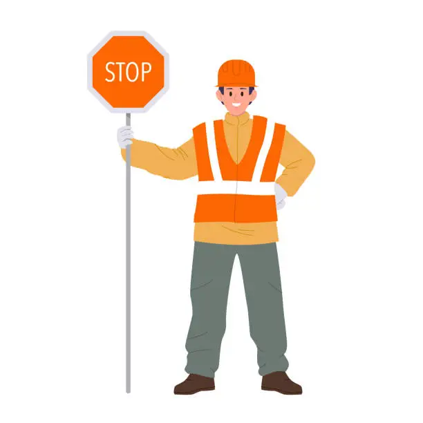 Vector illustration of Road worker cartoon character wearing uniform holding warning caution sign stop isolated on white