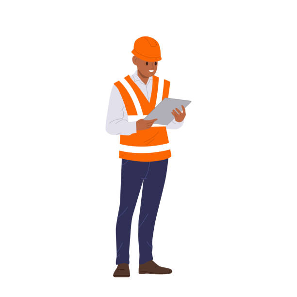 Road worker engineer supervisor cartoon character checking and controlling construction process Road worker engineer supervisor cartoon character checking and controlling construction process standing isolated on white. Inspector safety specialist wearing uniform and hardhat vector illustration inspector stock illustrations