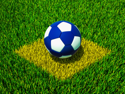 Blue soccer ball on square yellow grass field like brazil flag. 3d rendered