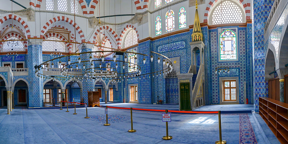 Famous Rustem pasha mosque interior. Iznik blue tiles. Rustem Pasa Mosque most beautiful and classical Iznik tiles. Eminonu district, Turkey. December 17 2023.