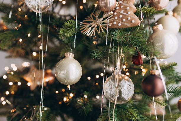 istock Christmas tree with different balls. Holiday background. Defocused garland lights, Bokeh effect. 1863064987