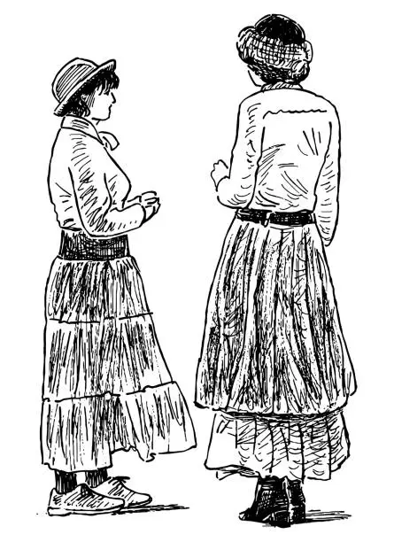 Vector illustration of Hand drawing of two young women in retro country costumes from late 19th century standing and talking