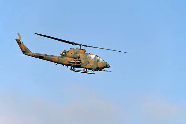 A antitank helicopter on smokey sky.