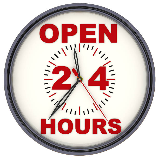 aperto 24 ore - open time clock 24 hrs foto e immagini stock